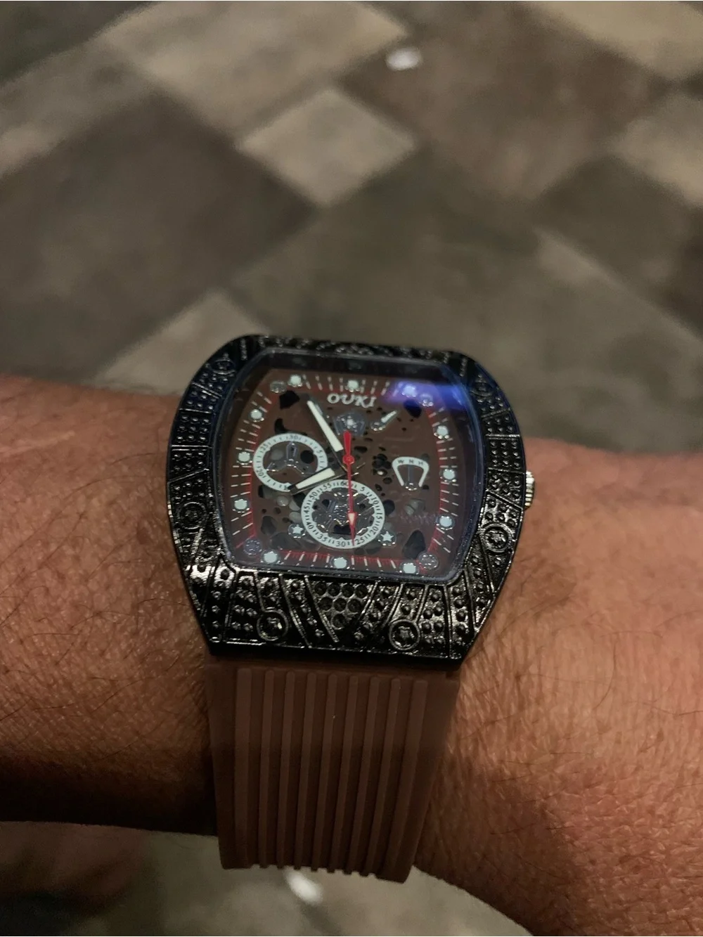 OUKI Men’s Skeleton Style Tonneau Watch Black Brown Luxury Look